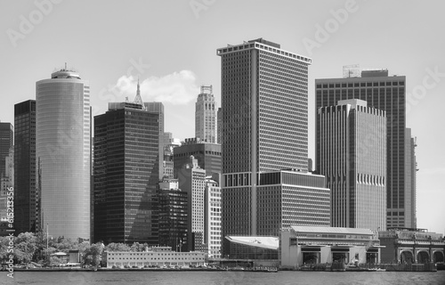 Black and white photo of New York City cityscape, Manhattan, USA.
