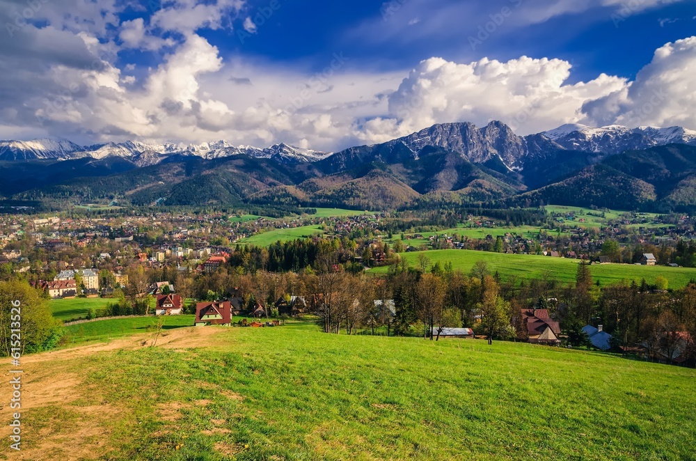 Beautiful country view with mountains in the background. View of the Tatra Mountains, Zakopane Town and Koscielisko Village in Poland. - obrazy, fototapety, plakaty 