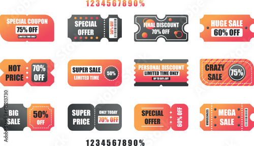 Set of discount coupons in red and grey colors