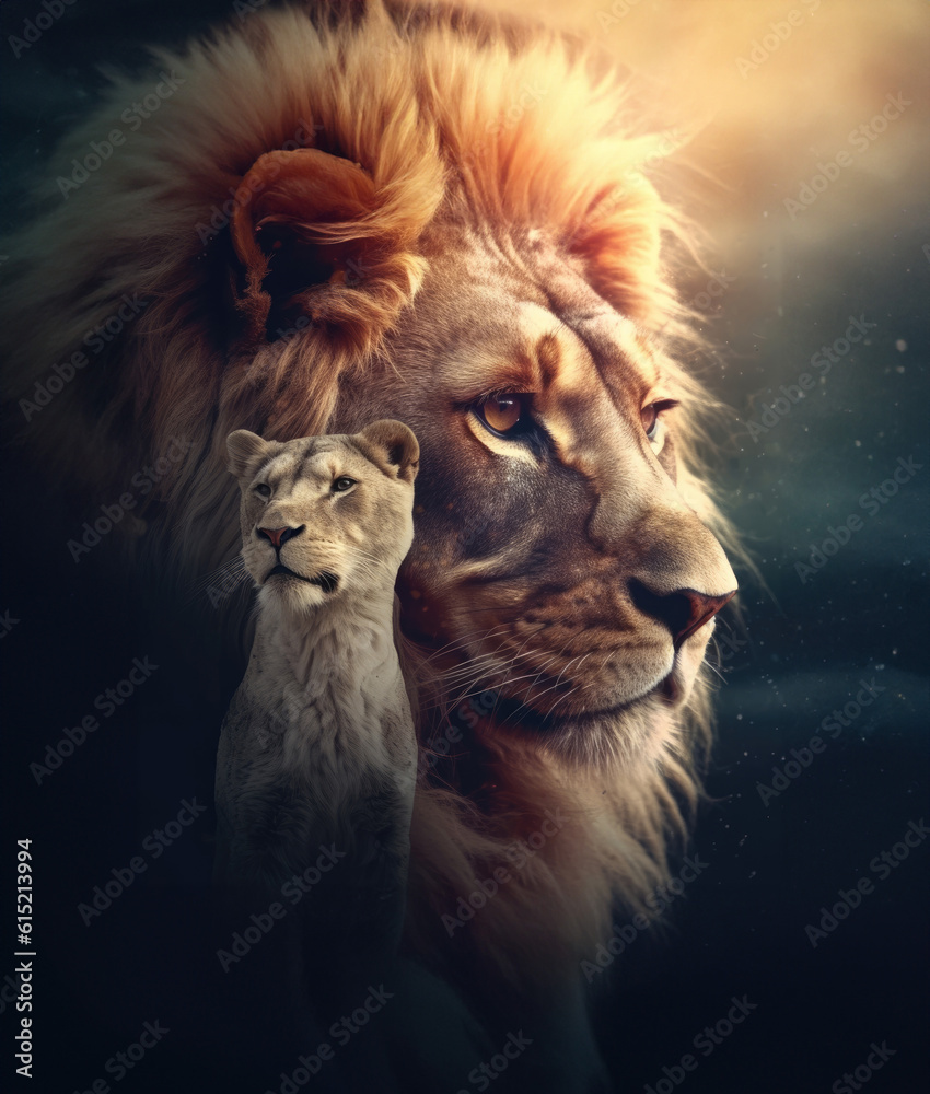 Double exposure, close-up portrait of a lion and lioness on a dark background