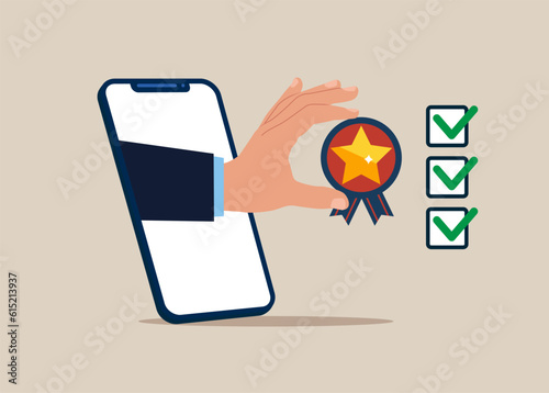 Сheck quality with passed checklist over the smartphone. Flat vector illustration.