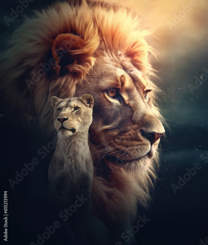 Double exposure  close-up portrait of a lion and lioness on a dark background