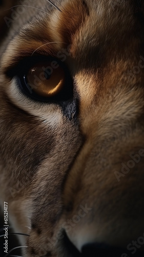 Closeup lion eye, portrait of animal on dark background. Ai generated © Artem81