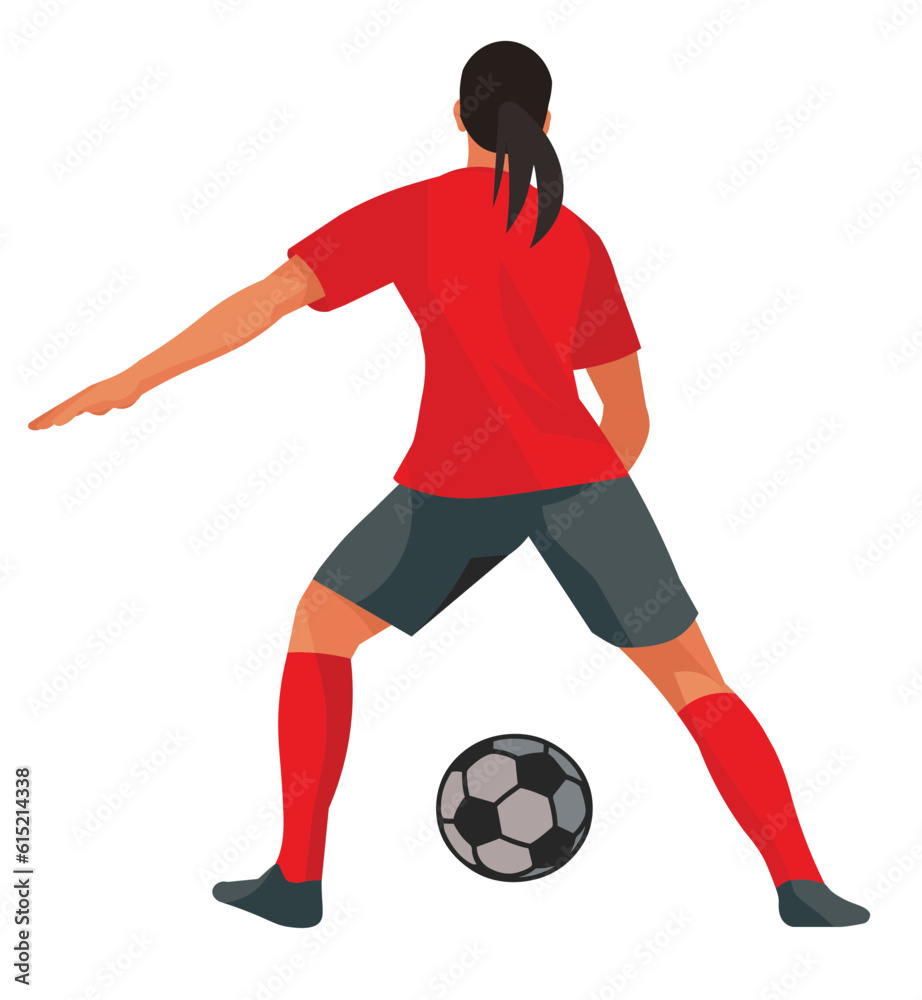 Mongolian women's football girl player in a red T-shirt stands with her back and catches the ball