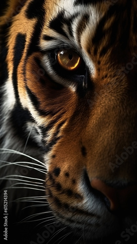 Closeup tiger eye, portrait of animal on dark background. Ai generated