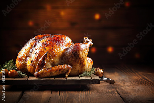 Fototapeta thanksgiving dinner with roasted turkey on rustic wooden table
