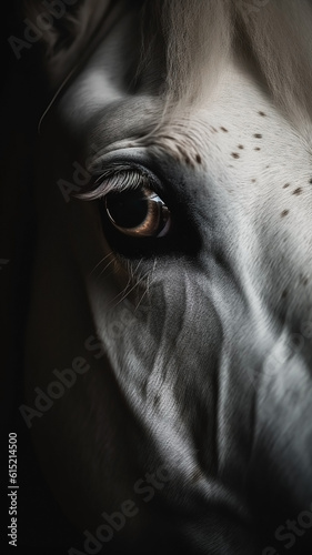Closeup white horse eye, portrait of animal on dark background. Ai generated © Artem81