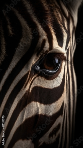 Closeup zebra eye, portrait of animal on dark background. Ai generated .