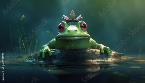 Cartoon frog prince or peincess wearing a crown sits in the water
