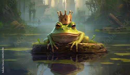 Cartoon frog prince or peincess wearing a crown sits in the water photo