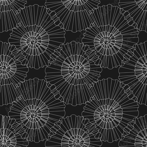Seashells. Seamless pattern on black.  Vector. Perfect for wallpaper, wrapping, fabric and textile.
