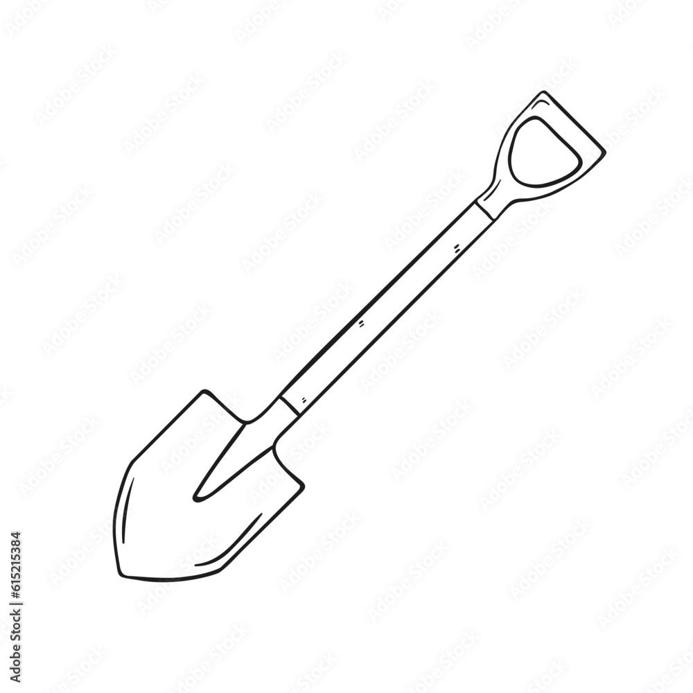 Garden shovel vector icon hand drawn in sketch style. Isolated symbol on white background.