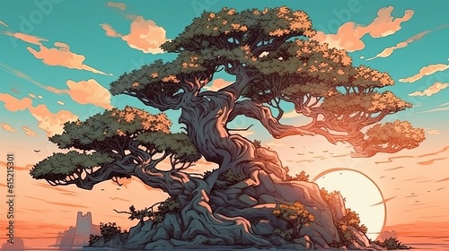 Ancient bonsai trees . Fantasy concept , Illustration painting. photo