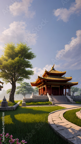 Panoramic temple landscape with scenic park and sky clouds