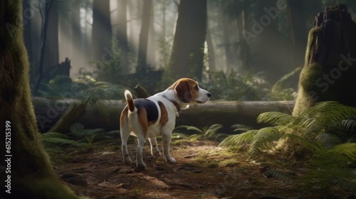 A Beagle following a scent trail through a dense forest