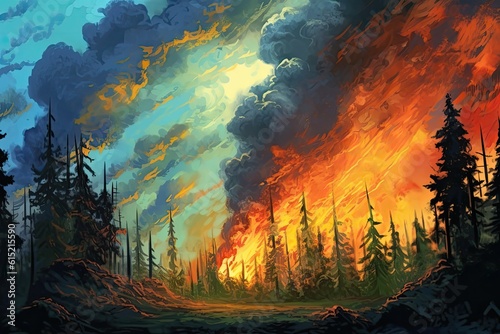 painting depicting the chaotic beauty of fire spreading through a forest  with clouds adding a touch of dramatic tension