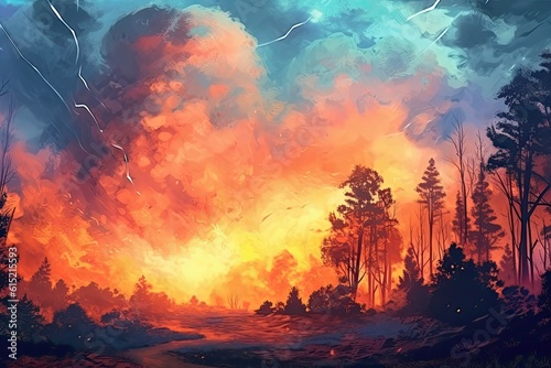  painting depicting the chaotic beauty of fire spreading through a forest, with clouds adding a touch of dramatic tension