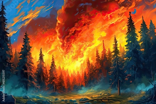  painting depicting the chaotic beauty of fire spreading through a forest, with clouds adding a touch of dramatic tension
