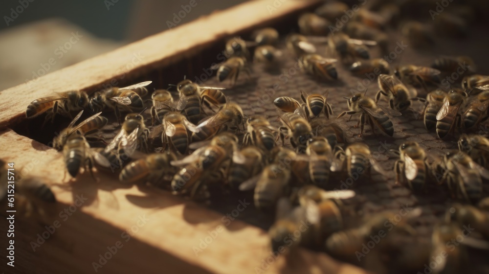 A honeybee colony buzzing around maintaining the hive A honeybee colony buzzing around maintaining the hive