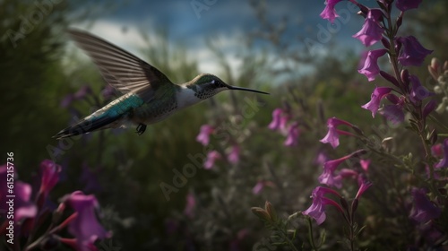 A hummingbirds frenzied flight amongst the flowers © Denis Bayrak