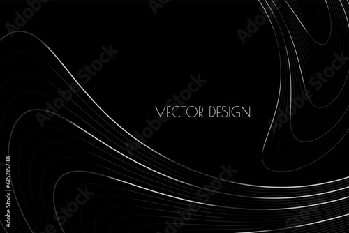 Vector abstract black premium background with silver platinum curved deformed stripes, lines. Luxurious elegant backdrop in dark color for exclusive posters, banners, invitations, business cards.