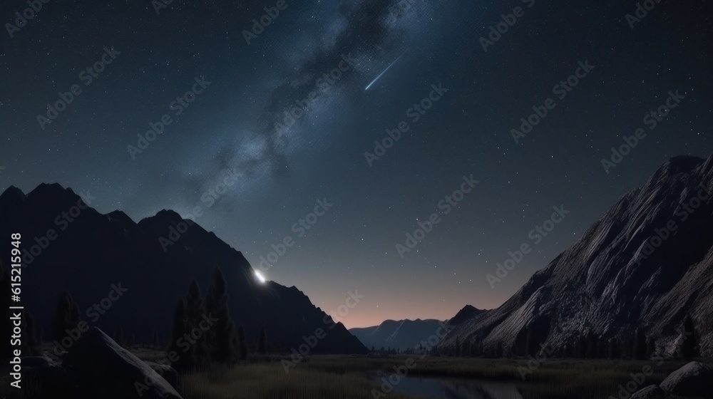 A comet streaking across the night sky over a pristine wilderness