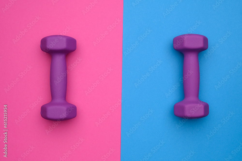 The layout of two rubberized dumbbells of 2 kg of purple color on a blue-pink background, top view. Sports training The layout of two rubberized dumbbells of 2 kg of purple color on a blue-pink background, top view. Sports training