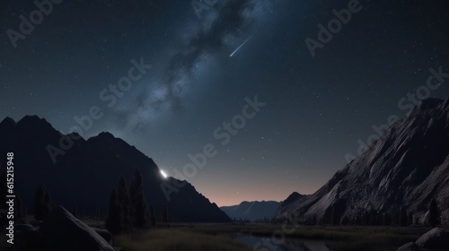 A comet streaking across the night sky over a pristine wilderness