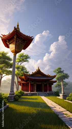 Panoramic temple landscape with scenic park and sky clouds