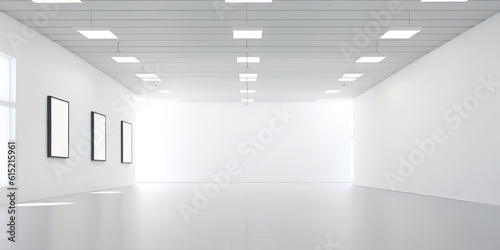 Modern minimalist art gallery interior, clean white space with empty picture frames, gallery template for interior design