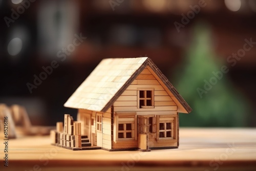 Iconic wooden house model on rustic wood backdrop, symbolizing construction, ecology, loans, mortgages, properties, and the comfort of home. Generative AI