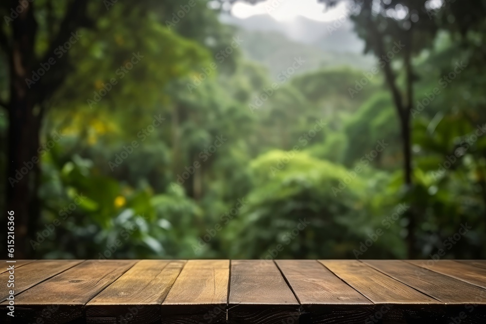 A tropical rainforest: an empty wooden table nestled amidst lush greenery, adorned with raindrops, and set against a blurred background, capturing the serene beauty of nature. Generative AI A tropical rainforest: an empty wooden table nestled amidst lush greenery, adorned with raindrops, and set against a blurred background, capturing the serene beauty of nature. Generative AI