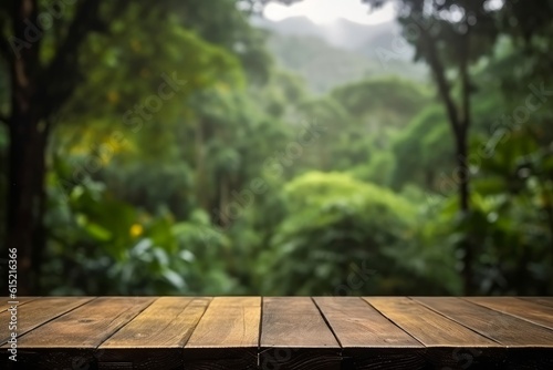 A tropical rainforest: an empty wooden table nestled amidst lush greenery, adorned with raindrops, and set against a blurred background, capturing the serene beauty of nature. Generative AI