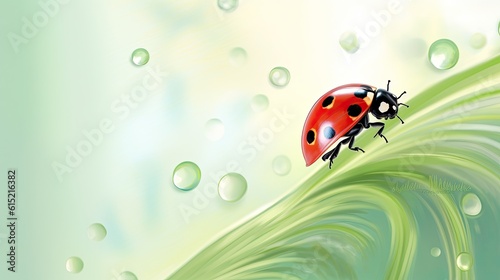 Happy little ladybug crawling on a green leaf, generative AI content.