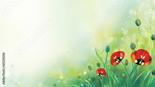 Illustration with poppies on a light green-blue background with space for text, generative AI content. photo