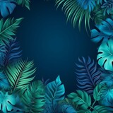 Enchanting collection of tropical leaves and foliage plants in a captivating blue hue, set against a celestial space background, merging earthly beauty with cosmic wonder. Generative AI