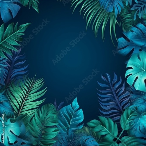 Enchanting collection of tropical leaves and foliage plants in a captivating blue hue  set against a celestial space background  merging earthly beauty with cosmic wonder. Generative AI