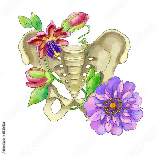 Human pelvic bones, anatomical structure and flowers. Flowers and buds wrapped around bones. For logos of medical, gynecological, radiological and other purposes. For printing on posters, postcards