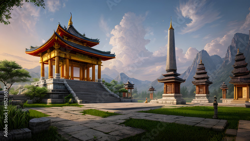 Panoramic temple landscape with scenic park and sky clouds