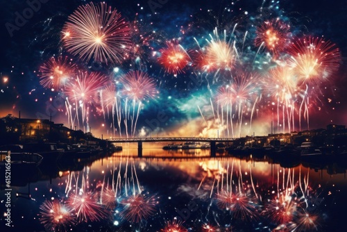 Spectacular display of blue, white, and red fireworks illuminating the night sky over the glistening river, a mesmerizing celebration of joy, patriotism, and breathtaking moments. Generative AI