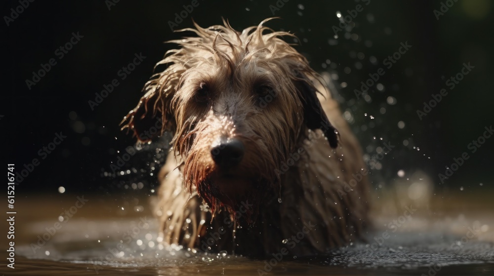 A dog shaking water off its fur after a swim