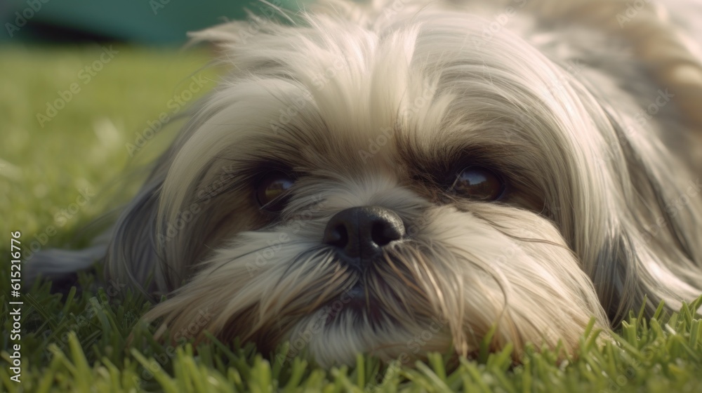 A Shih Tzu rolling over to scratch its back on the grass