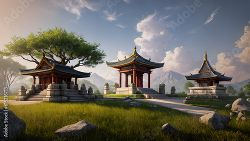 Panoramic temple landscape with scenic park and sky clouds