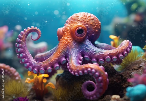 Vibrant octopus surrounded by a mesmerizing display of colorful bubbles. © Photo And Art Panda