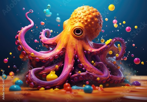 Vibrant octopus surrounded by a mesmerizing display of colorful bubbles.