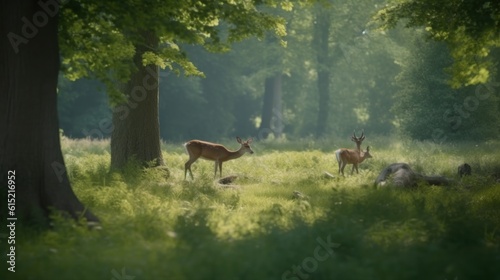 A family of deer quietly grazing in a forest clearing