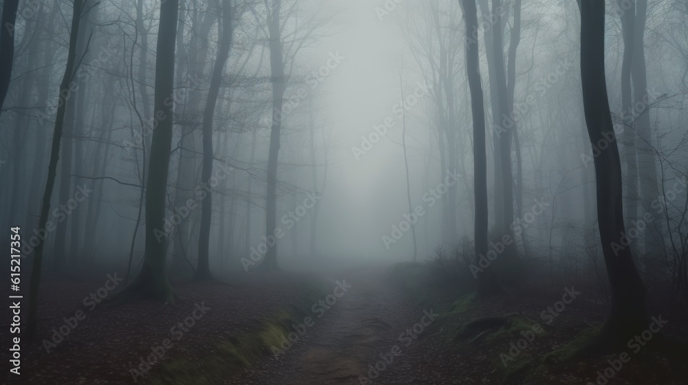 The eerie silence of a fog-covered forest