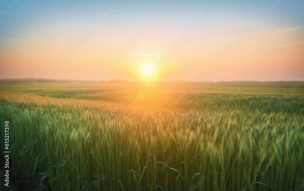 Bright morning sun rising over horizon shining over a field of growing green wheat
