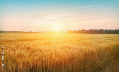 Golden field of wheat under bright morning sunlight