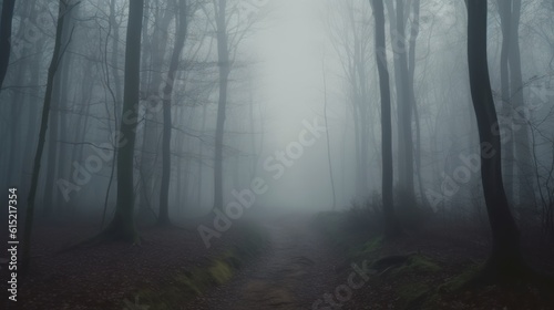 The eerie silence of a fog-covered forest